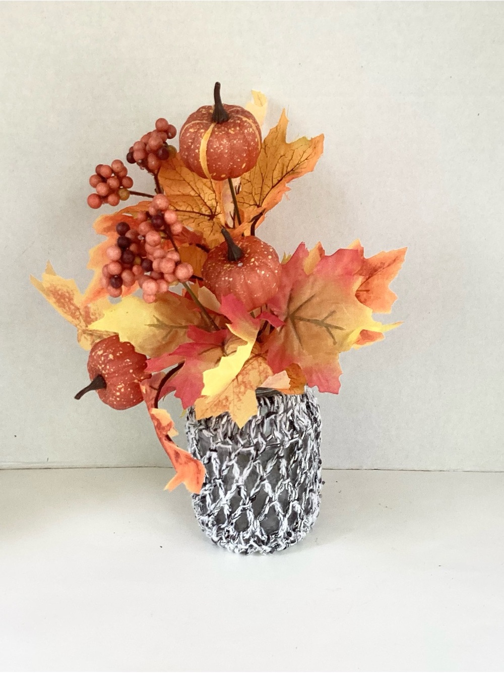 Vase Cover Storage Jar Hand Crafted Crochet Net White Silver